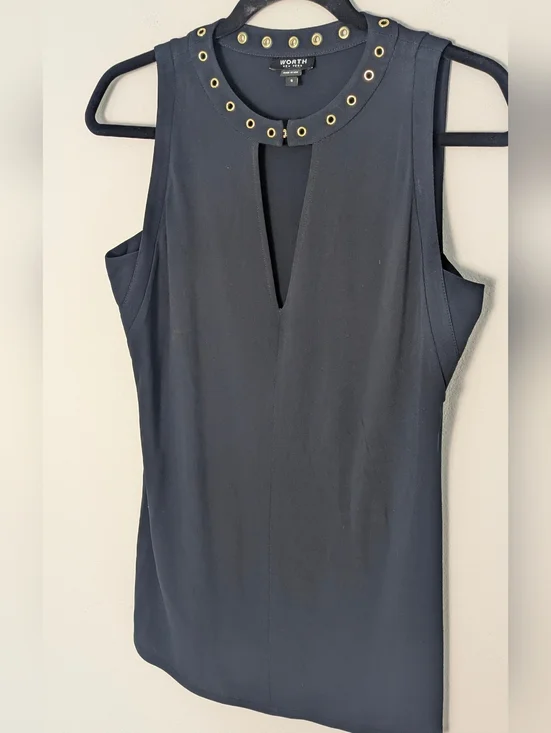 Worth Womens Gold Embellished Top Sleeveless Dark Navy Size S V-neck Office EUC - Picture 3 of 9